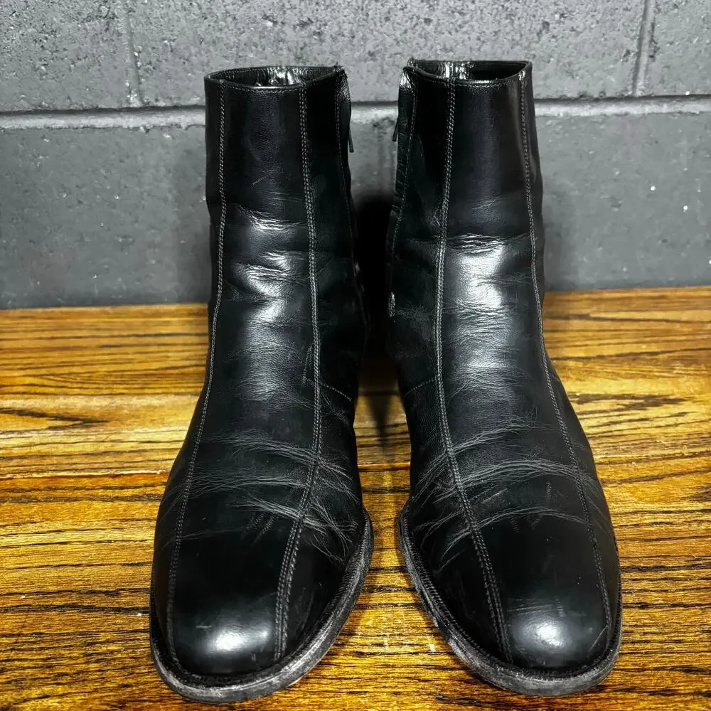 Vintage Florsheim Mens 9.5 D Black Leather Side Zip Ankle Boots Made in USA